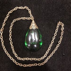 Green Glass Teardrop Pendant w/ Gold Chain